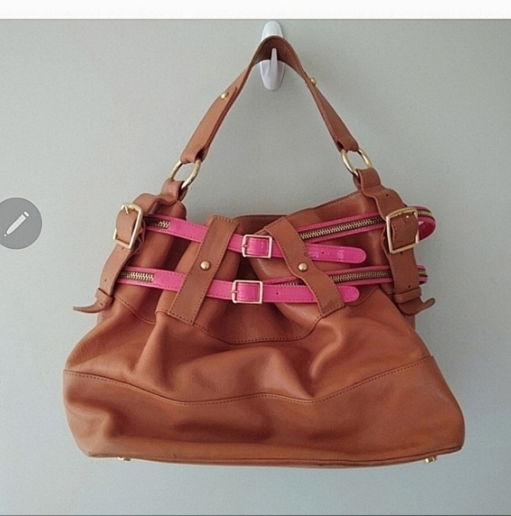 Rebecca Minkoff Tan Leather Tote with Pink Accent Straps